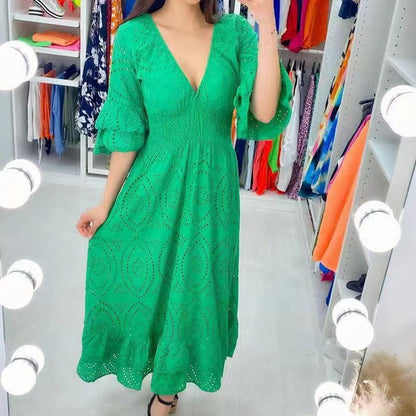Ladies Embroidered V Neck Midi Dress