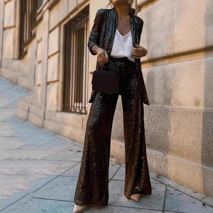 Glittery 2-Piece High Waist Pants Set - Olytrend