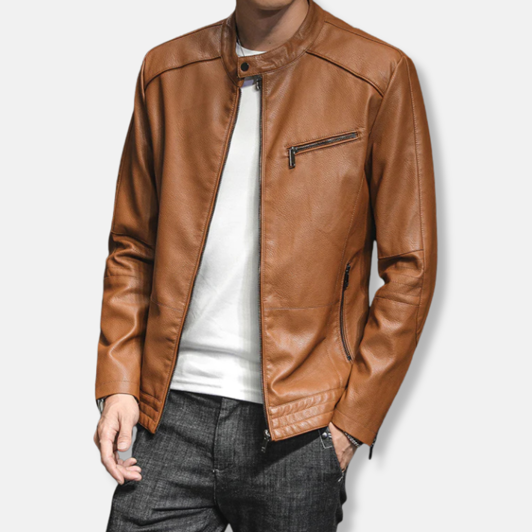 Men's Leather Biker Jacket Slim Fit Zip Pockets