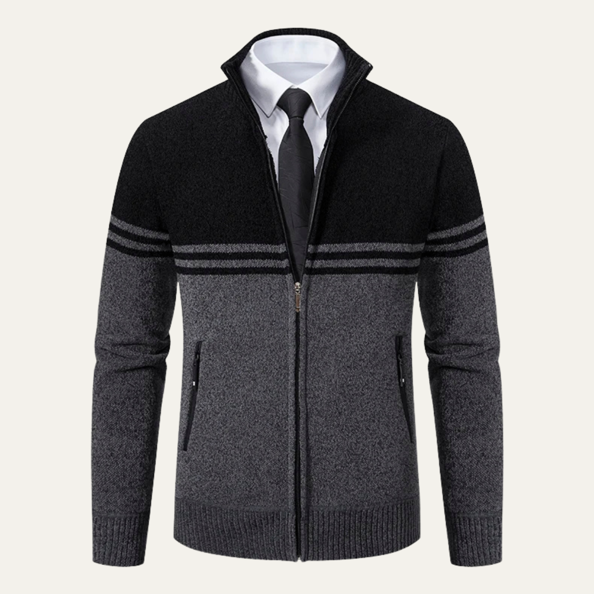 Warm Men's Striped Fleece Lined Knit Jacket Sweater