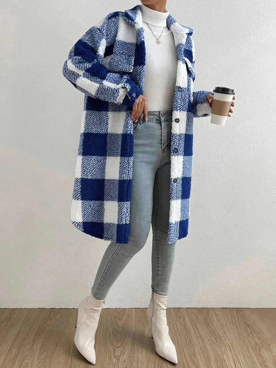 Plush Checked Mid-Length Women's Coat