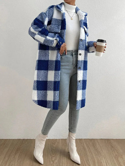 Plush Checked Mid-Length Women's Coat
