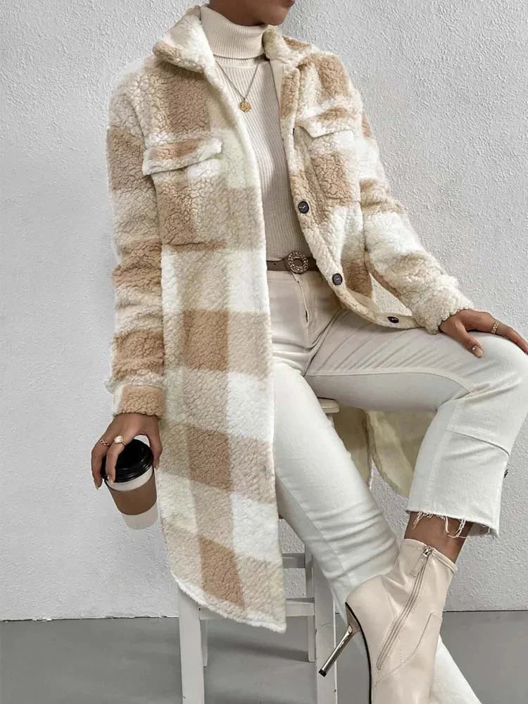 Plush Checked Mid-Length Women's Coat - Nocini