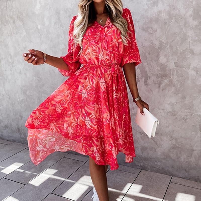 Casual Floral V Neck Midi Dress with Elastic Waist