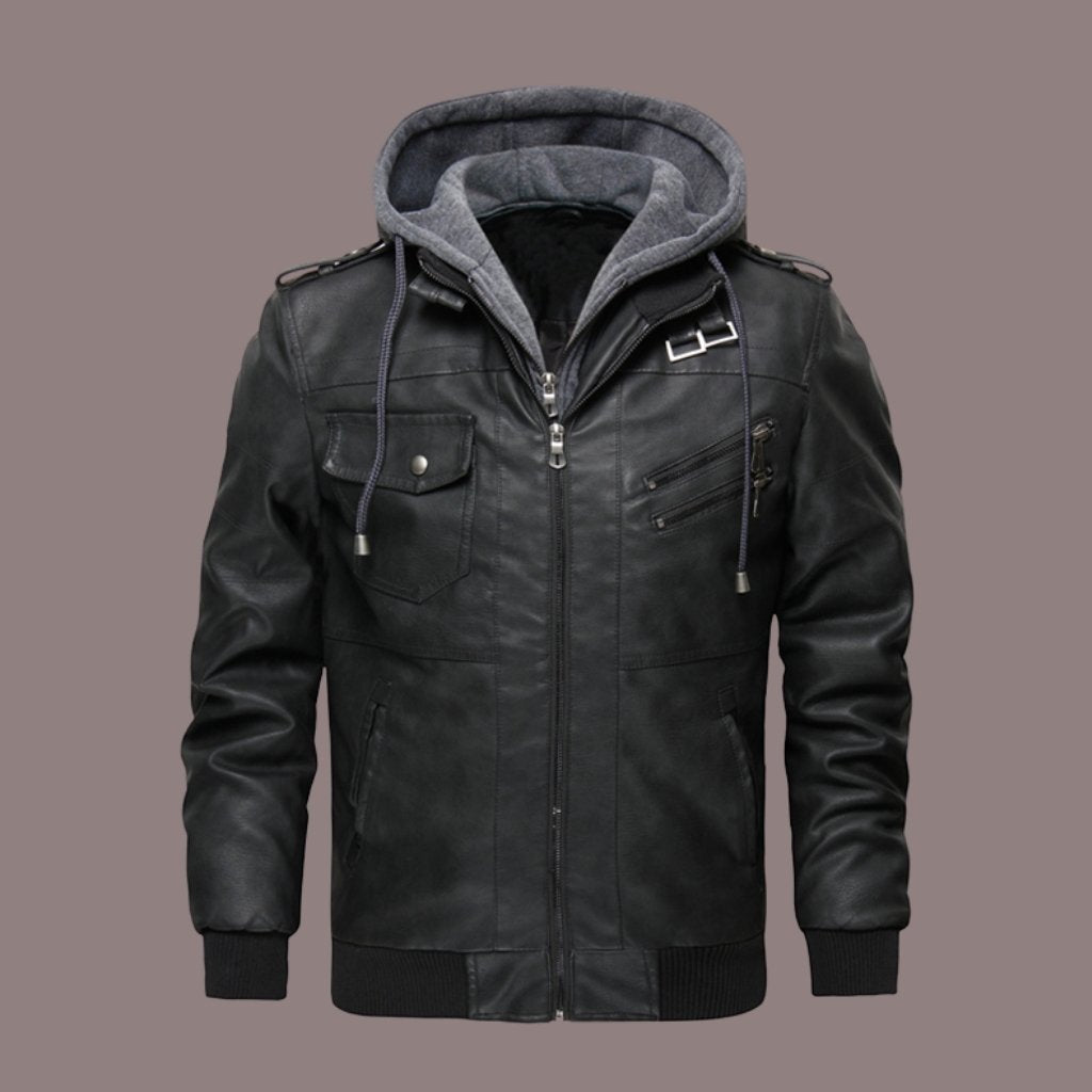Classic Biker Jacket with Hood and Multiple Pockets - Nocini