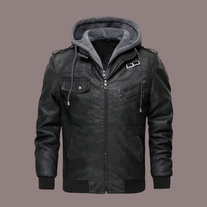 Classic Biker Jacket with Hood and Multiple Pockets - Nocini