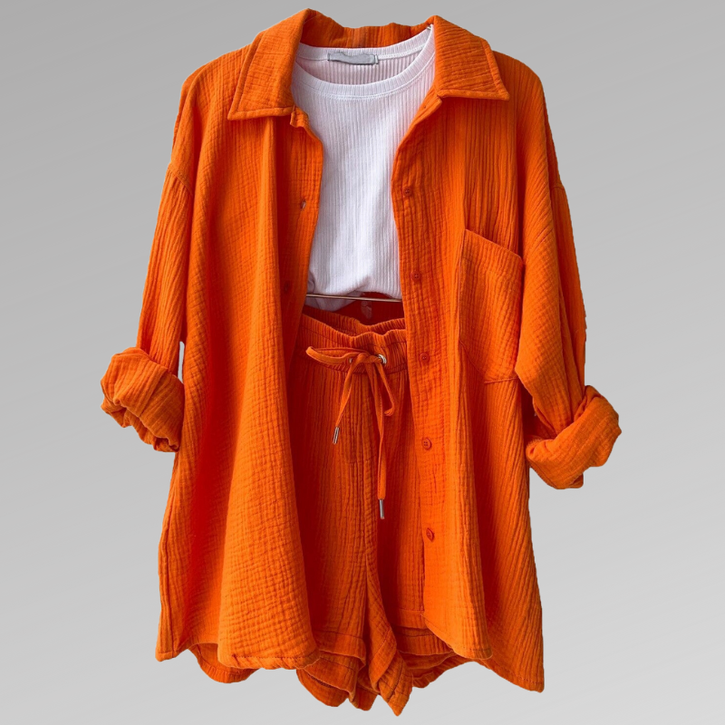 Comfortable Cotton Button Front Top and Stretch Shorts Set