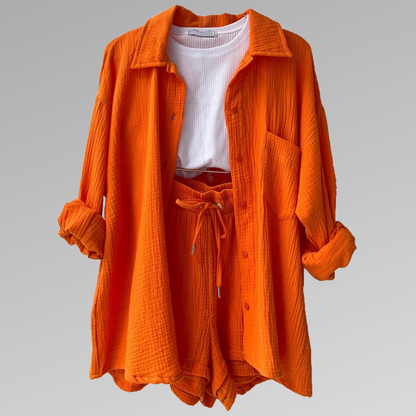 Comfortable Cotton Button Front Top and Stretch Shorts Set