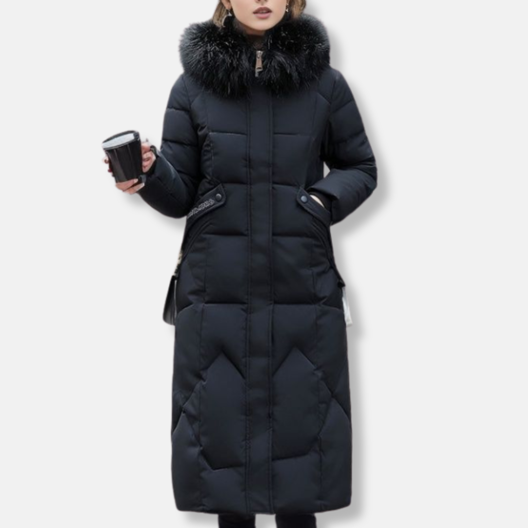 Slim Fit Quilted Parka Coat with Fur Hood