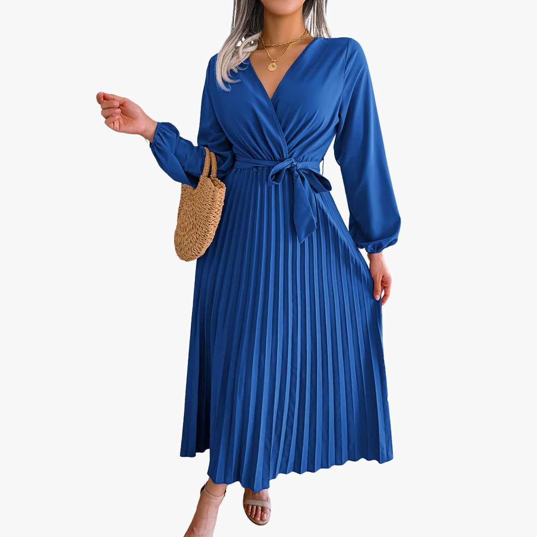 Stylish Women's Long Sleeve Maxi Dress - Flared Pleats