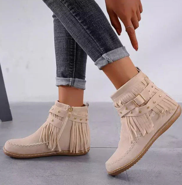 Chic Fringed Low Heel Ankle Boots