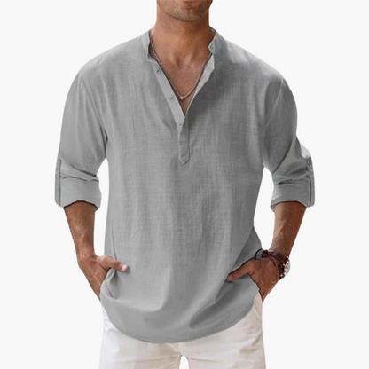 Relaxed Fit Men's Linen Henley Shirt Long Sleeve