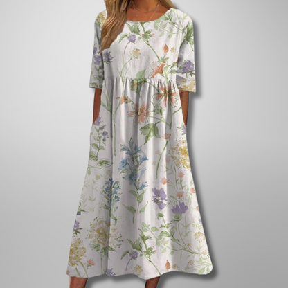 Ladies Vintage Floral A-Line Maxi Dress with Cap Sleeves