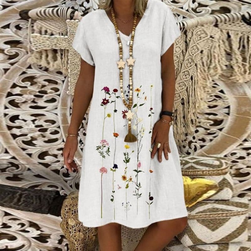 Relaxed Fit Ladies Linen Dress with Embroidery