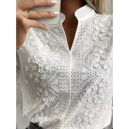 Lightweight V Neck Embroidered White Top