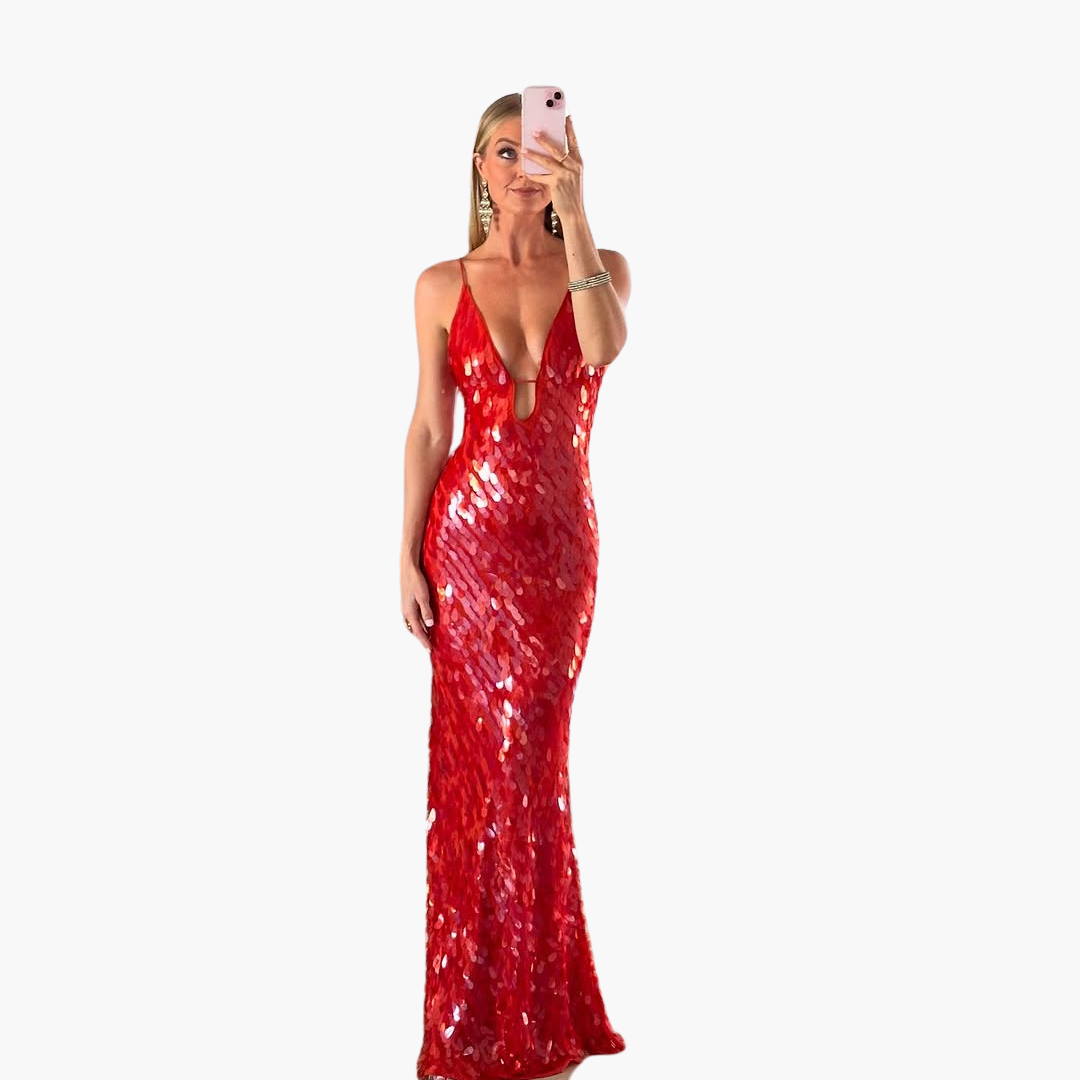 Glittering Formal Gown for Women - Long V Neck Dress