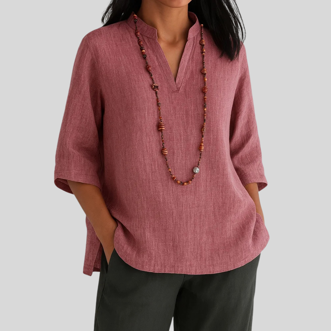 Casual Loose Fit Top with V Neck and Flared Bottom