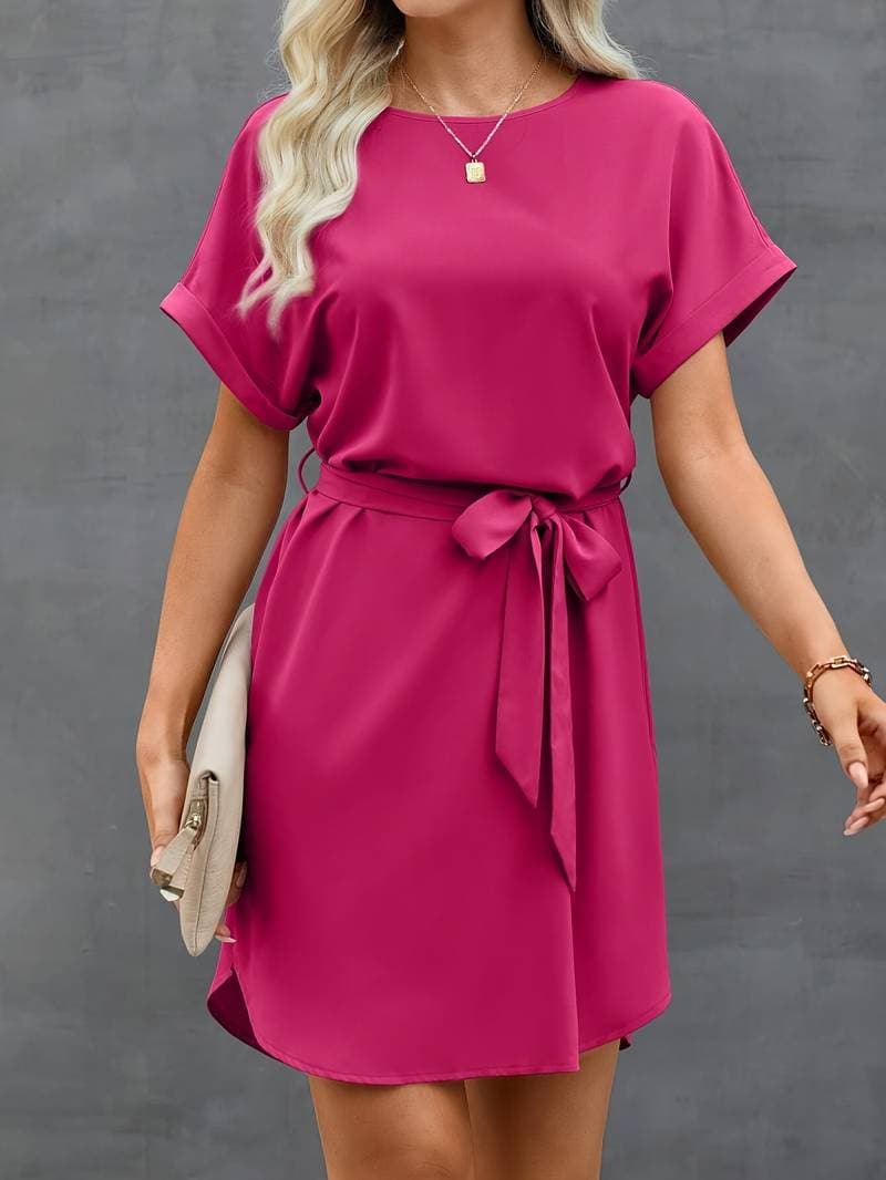 Casual Short Sleeve Belted A-Line Dress