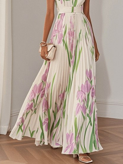 Women's Floral Maxi Dress with V Neck and Wide Straps