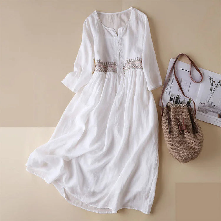 Casual V-Neck Midi Dress with Embroidery and 3/4 Sleeves