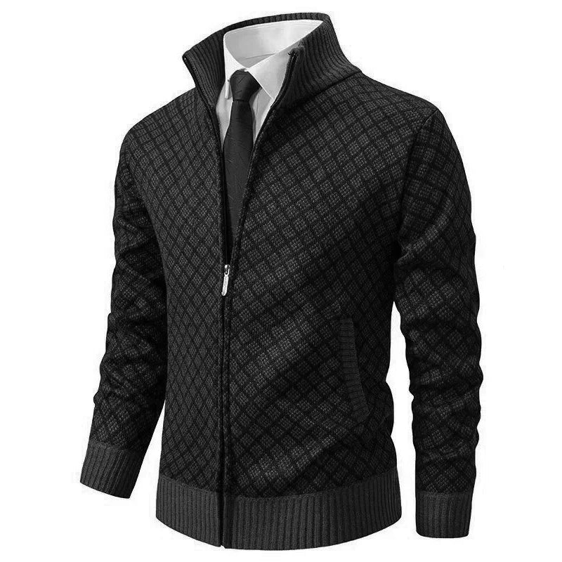 Men's Textured Zip Cardigan with Crew Neck and Ribbed Cuffs