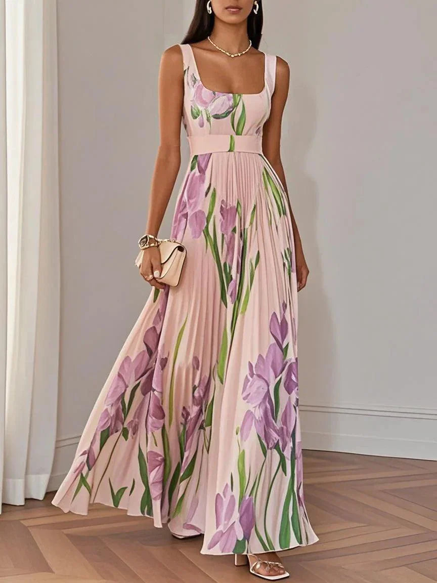 Women's Floral Maxi Dress with V Neck and Wide Straps