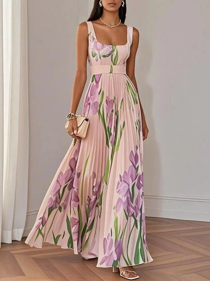 Women's Floral Maxi Dress with V Neck and Wide Straps