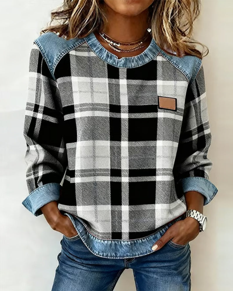 Plaid Patchwork Crew Neck Sweatshirt