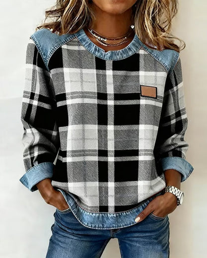 Plaid Patchwork Crew Neck Sweatshirt