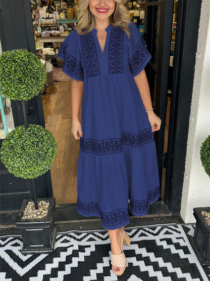 Ladies' Floral V-Neck Summer Midi Dress with Cap Sleeves