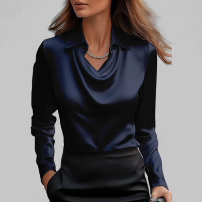 Women's Elegant V Neck Blouse with Flowy Front Detail