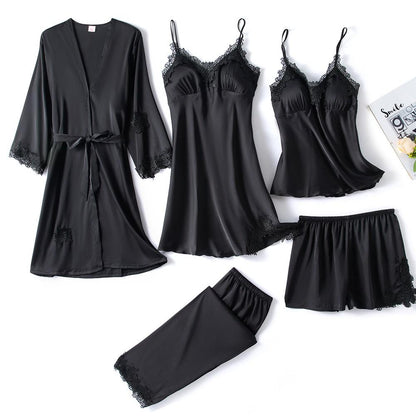 5-Piece Satin Sleep Set for Women with Lace – Amara-Black-XS-Nora Luxe