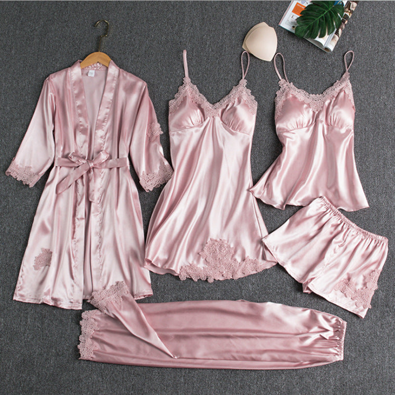 Silky 5-Piece Ladies Sleepwear Set with Lace Trim - Pexav