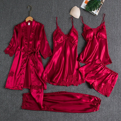 5-Piece Satin Sleep Set with Lace for Women – Liora-Red-M-Nora Luxe