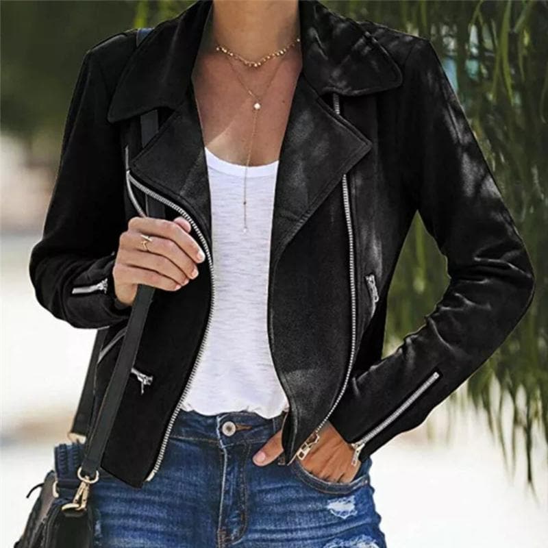 Faux Suede Biker Jacket for Women - Asymmetrical Zip