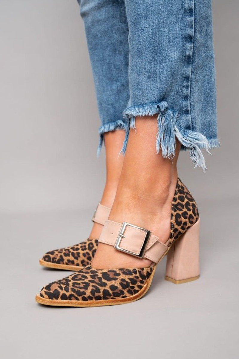 Leopard Suede Ankle Sandals with Low Block Heel