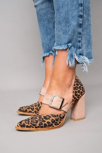 Leopard Suede Ankle Sandals with Low Block Heel