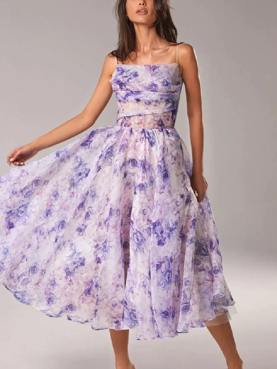 Elegant Knee Length Dress with Thin Straps Floral Pattern