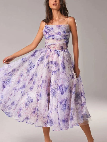 Elegant Knee Length Dress with Thin Straps Floral Pattern