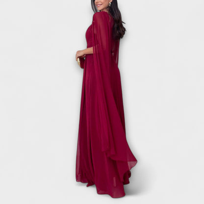 Elegant Long Dress with Bell Sleeves and High Cut