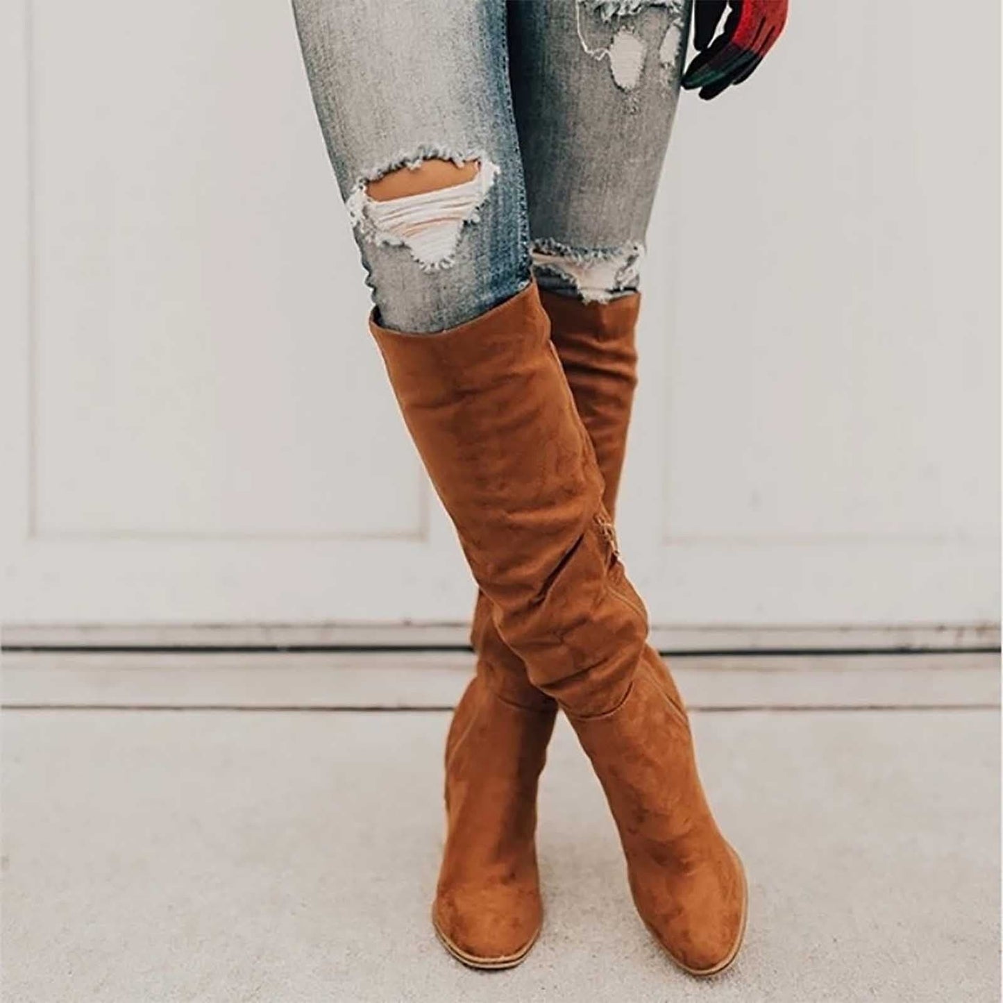 Ladies Tall Suede Boots - Pointed Toe - Low Heel