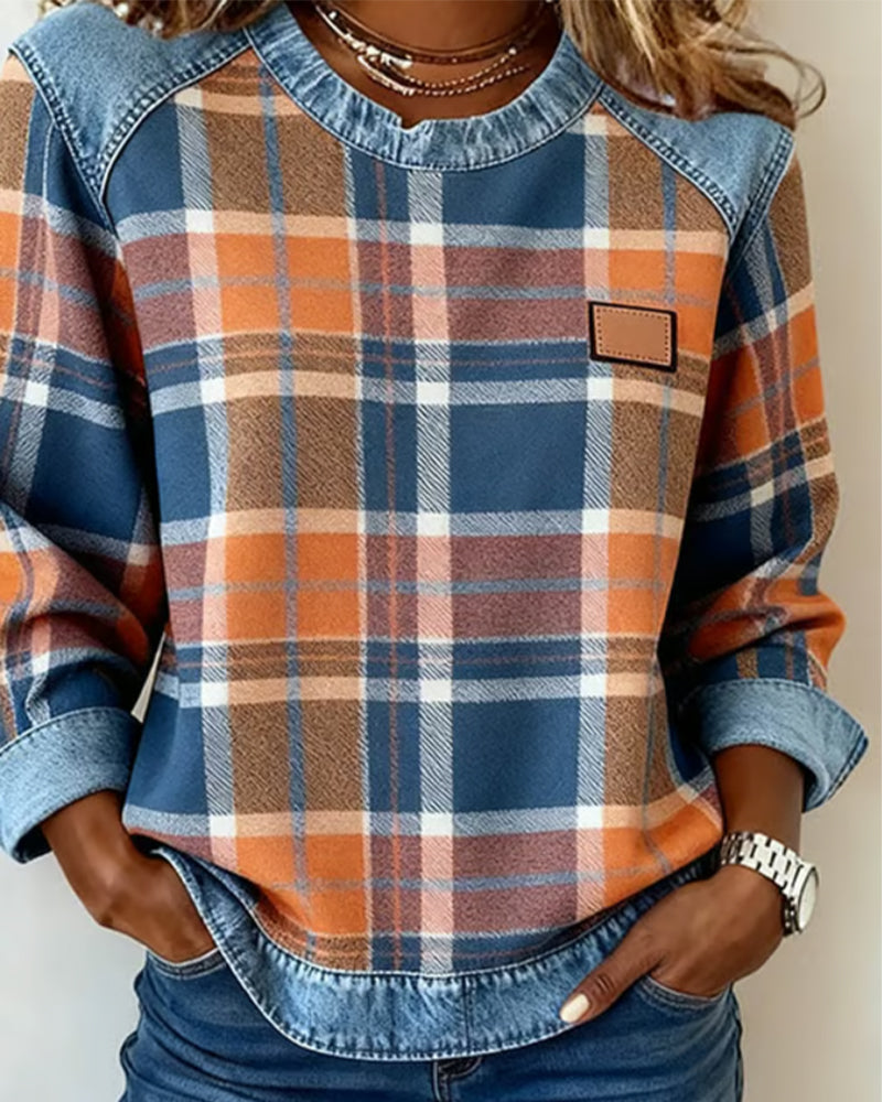 Plaid Patchwork Crew Neck Sweatshirt