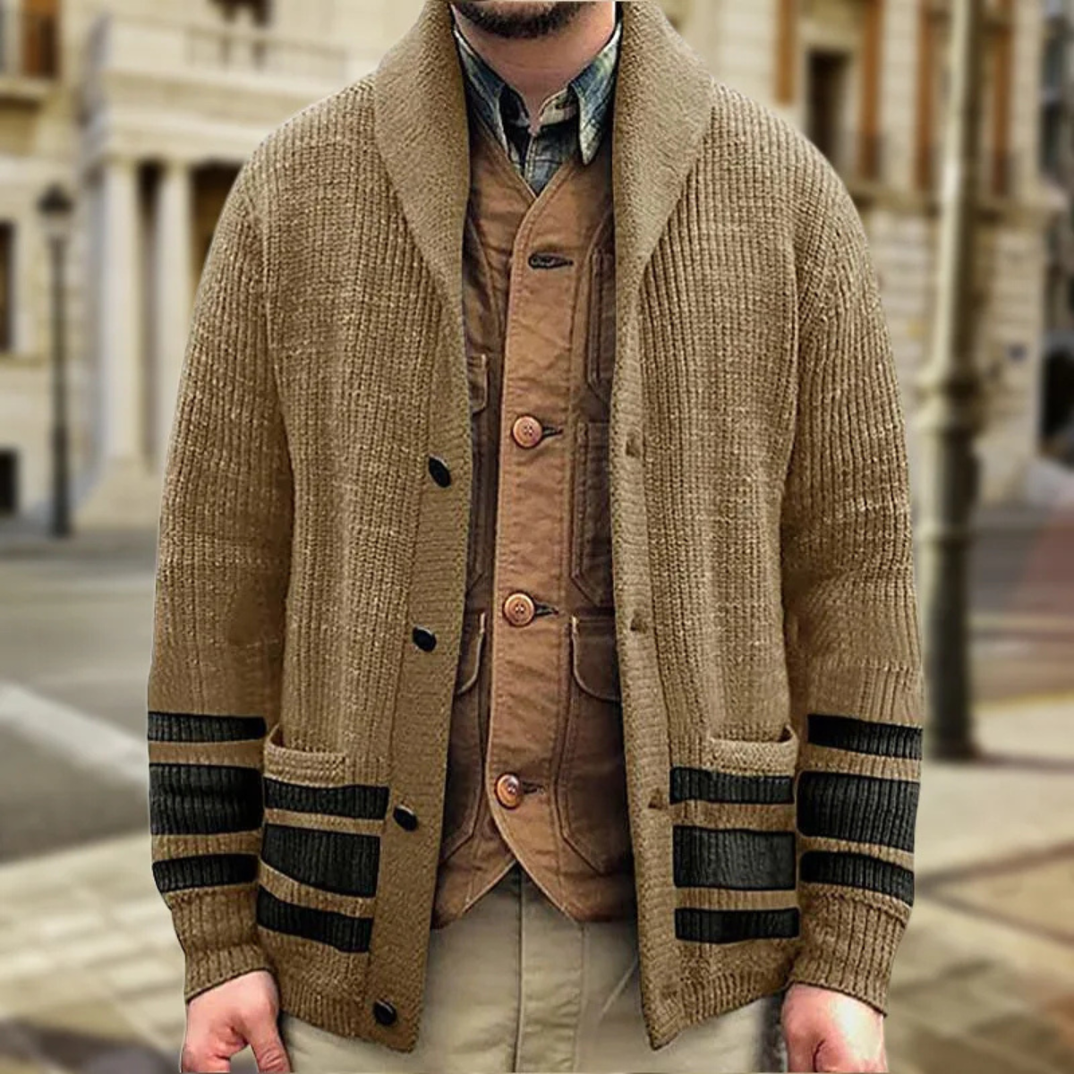 Cozy Men's Cable Knit Crew Neck Cardigan Sweater
