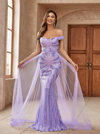 Ladies Formal Gown Off Shoulder Beaded Long Dress