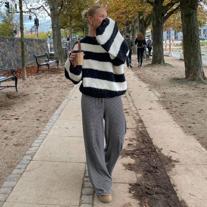 Comfortable Wide Leg Striped Women's Pants with Elastic Waist