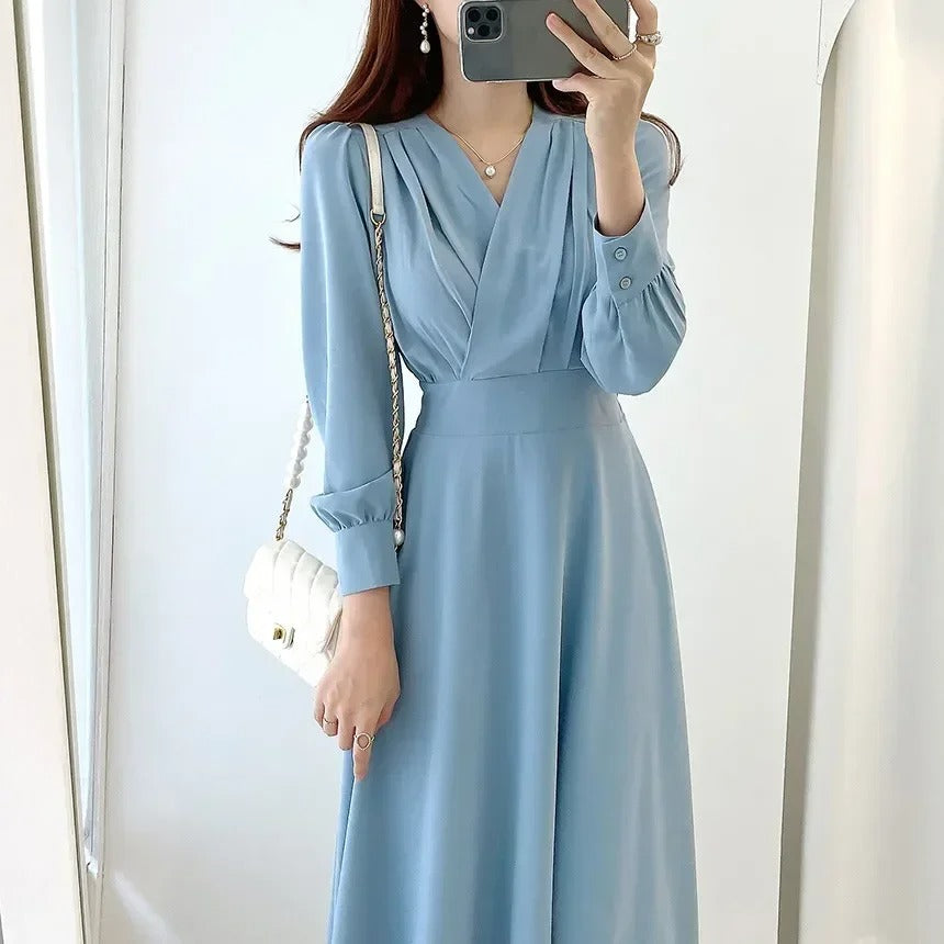 Elegant V Neck Wrap Dress with Long Sleeves - Nocini