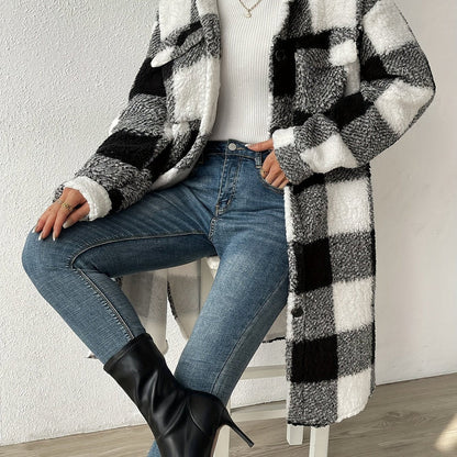 Plush Checked Mid-Length Women's Coat