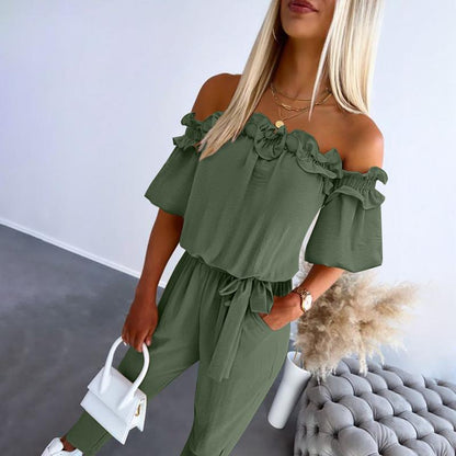 Elegant Cold Shoulder Ruffle Waist Jumpsuit