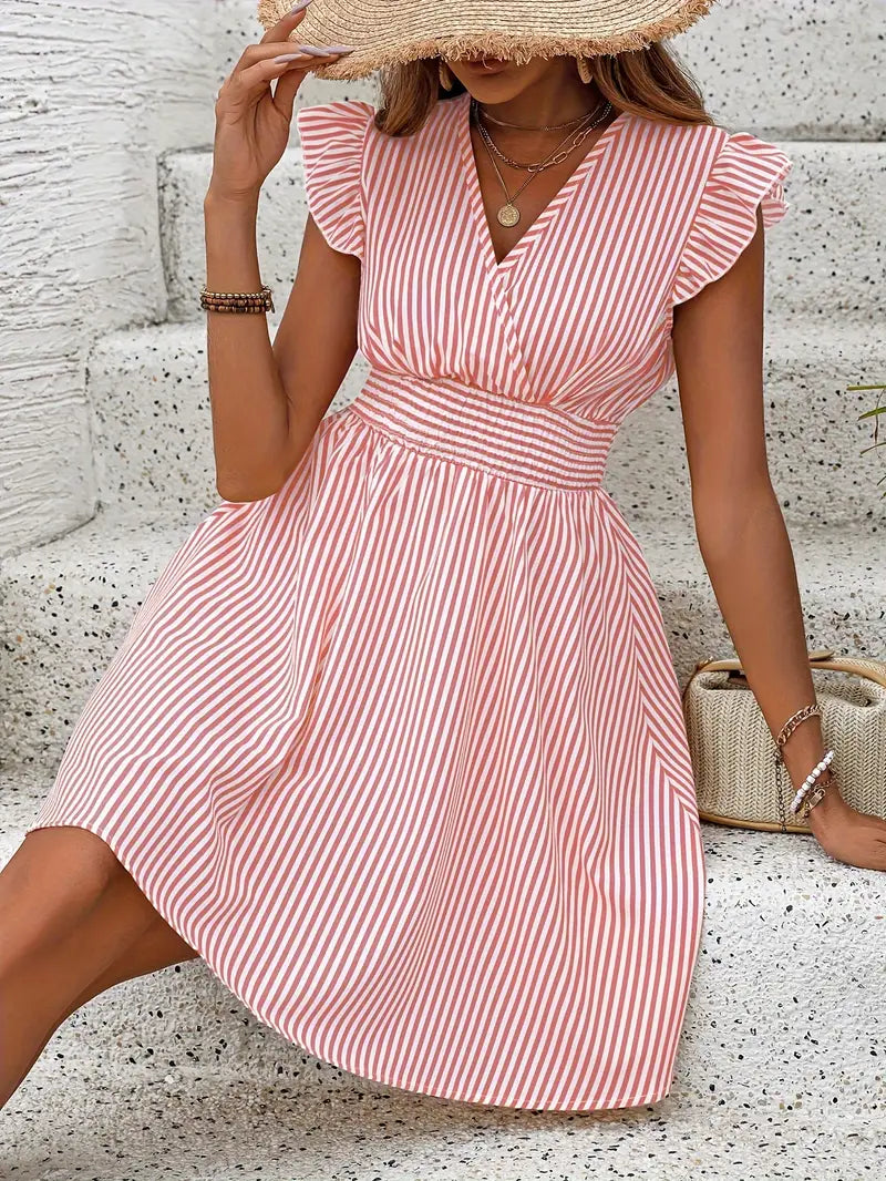 Casual V-Neck Summer Dress with Ruffled Sleeves