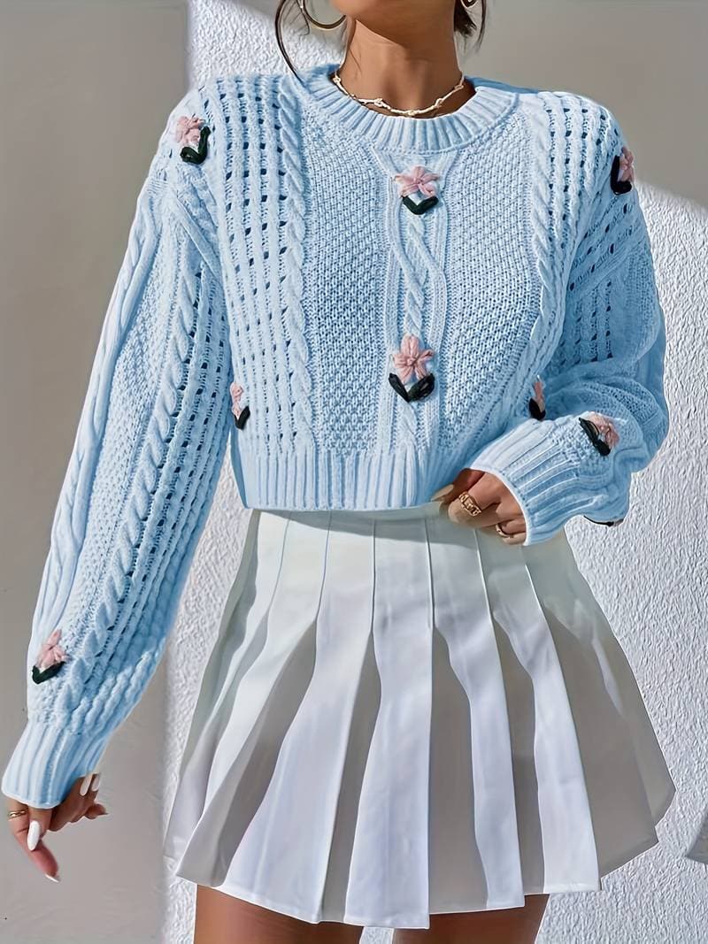 Soft Crew Neck Floral Cropped Knit Sweater - Nocini